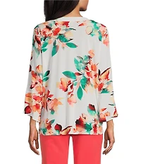 Slim Factor by Investments Scattered Blooms V-Neckline 3/4 Slit Sleeve Top