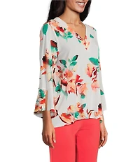 Slim Factor by Investments Scattered Blooms V-Neckline 3/4 Slit Sleeve Top