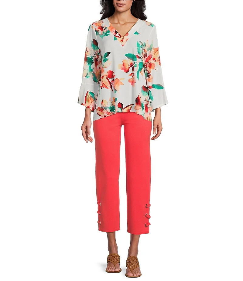 Slim Factor by Investments Scattered Blooms V-Neckline 3/4 Slit Sleeve Top