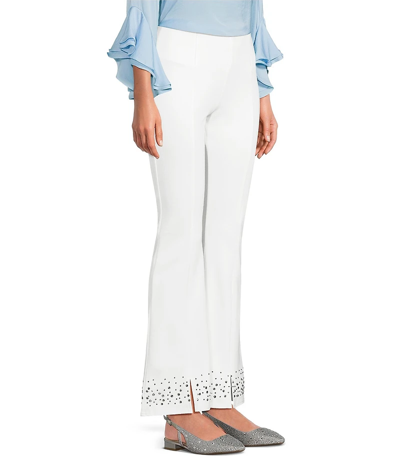 Slim Factor by Investments Stretch Ponte Knit No Waist Flare Leg Front Slit Heatset Pants