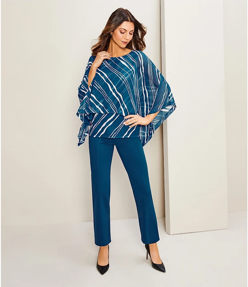 Slim Factor by Investments Stripe Print 3/4 Sleeve Crew Neck Double Layer Top