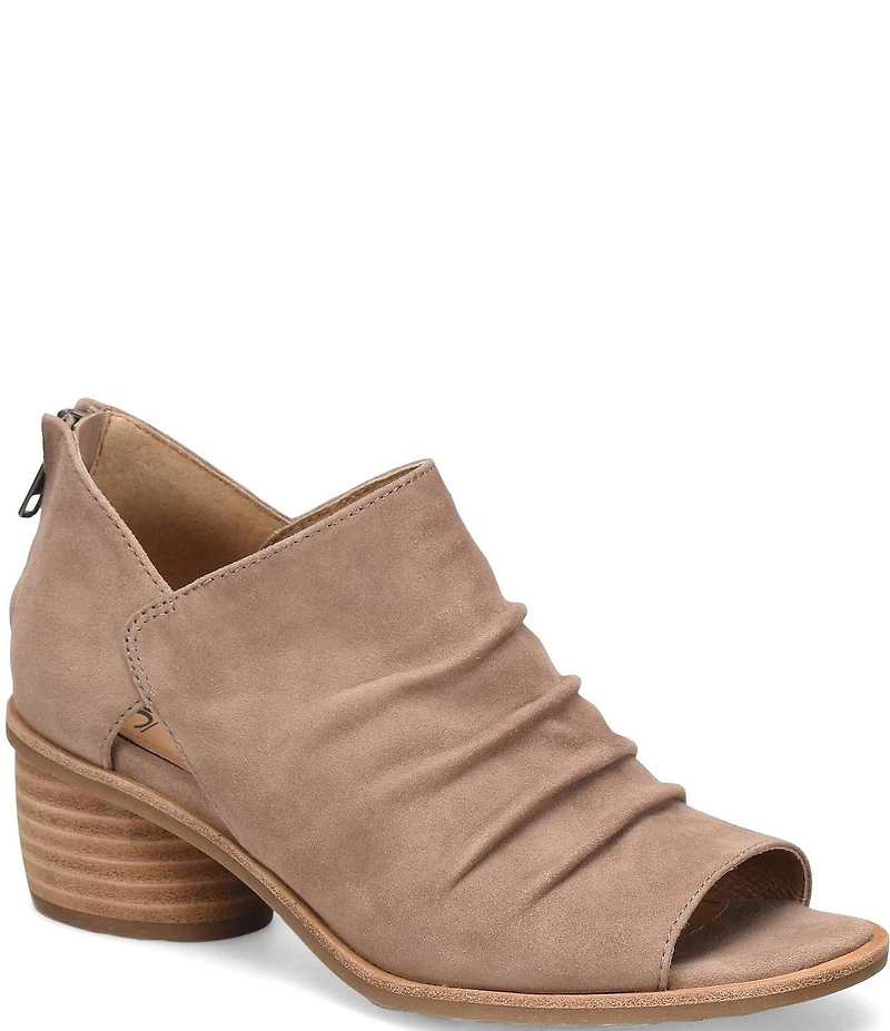 Sofft Catelyn Ruched Suede Rounded Stack Heel Peep Toe Shooties