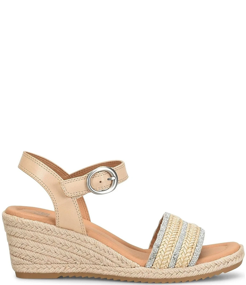 Sofft Inez II Woven Raffia Rhinestone Platform Espadrille Wedge Sandals