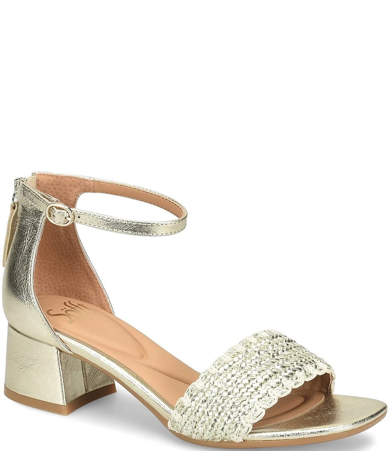Sofft Lilah Metallic Woven Leather Ankle Strap Block Heel Sandals