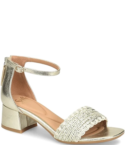 Sofft Lilah Metallic Woven Leather Ankle Strap Block Heel Sandals