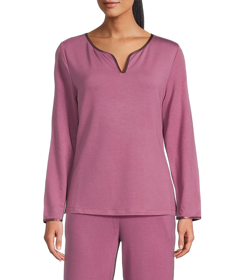 Solid French Terry Split Round Neck Long Sleeve Coordinating Sleep Top