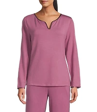 Solid French Terry Split Round Neck Long Sleeve Coordinating Sleep Top