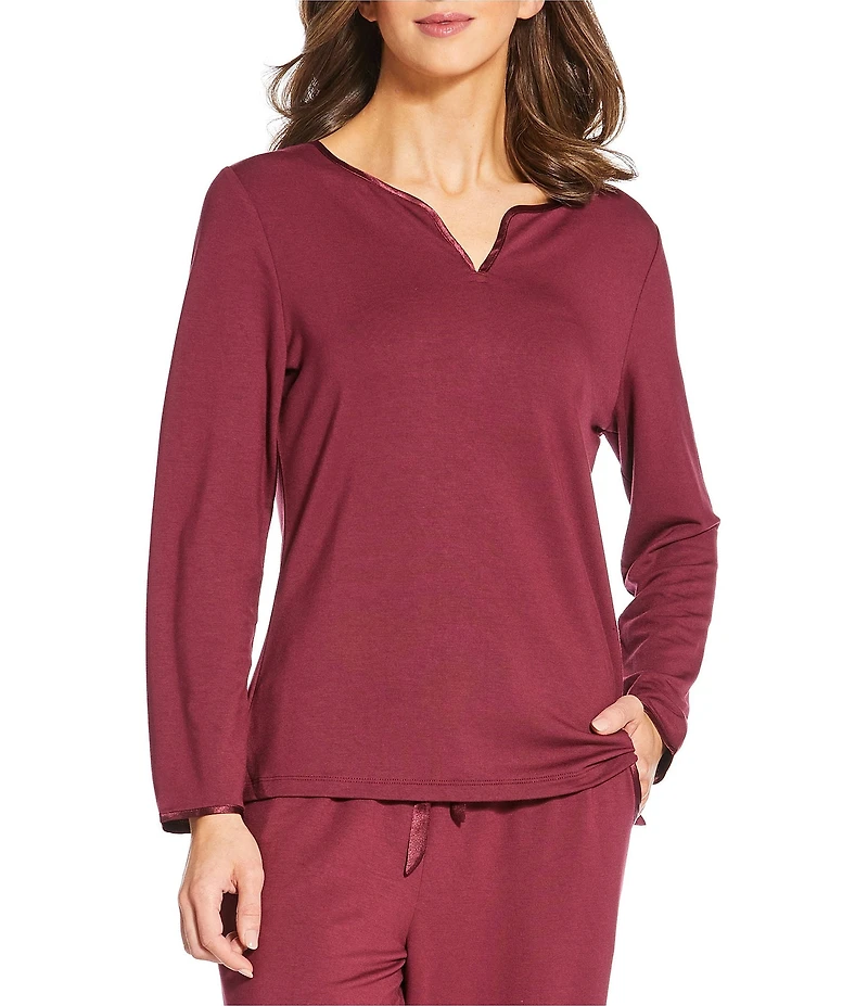 Solid French Terry Split Round Neck Long Sleeve Coordinating Sleep Top