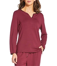Solid French Terry Split Round Neck Long Sleeve Coordinating Sleep Top