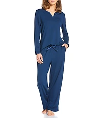 Solid French Terry Split Round Neck Long Sleeve Coordinating Sleep Top