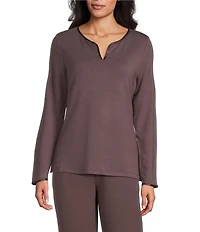 Solid French Terry Split Round Neck Long Sleeve Coordinating Sleep Top