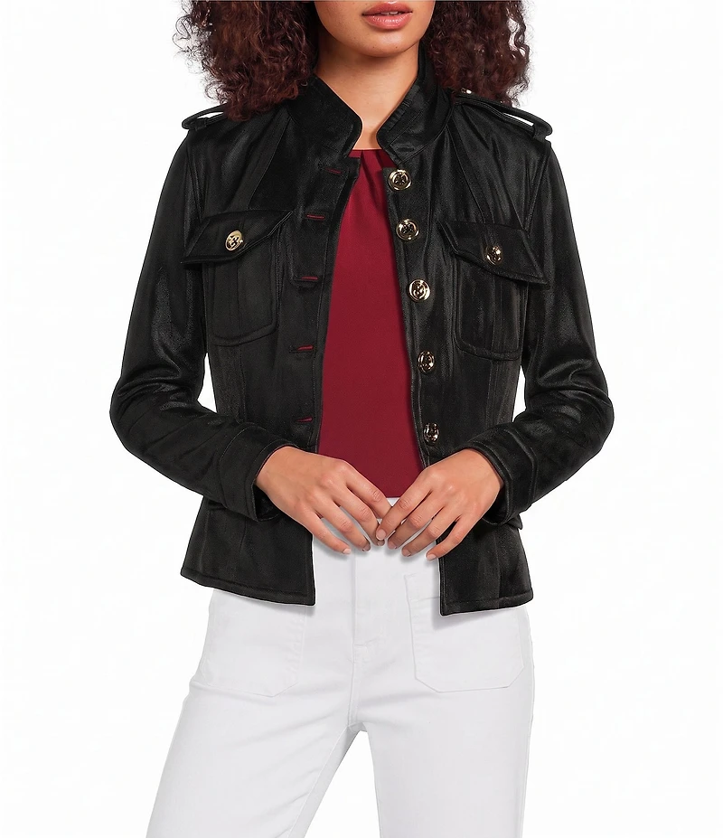 Sonia Rykiel Stand Collar Long Sleeve Gold Button Front Officer Jacket
