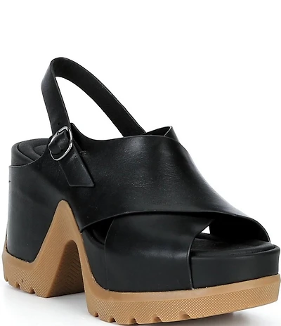 Sorel Roam'N Rise Heel Leather Slingback Block Heel Platform Sandals