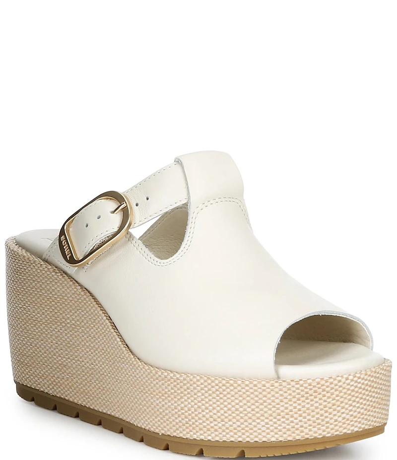 Sorel Sunpeak Leather Slide Raffia Wedge Platform Sandals