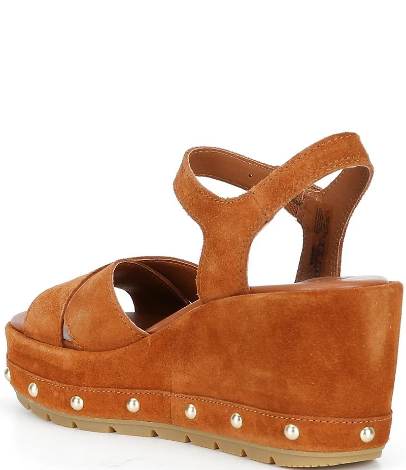 Sorel Sunpeak Suede RVT Ankle Wrap Studded Wedge Platform Sandals