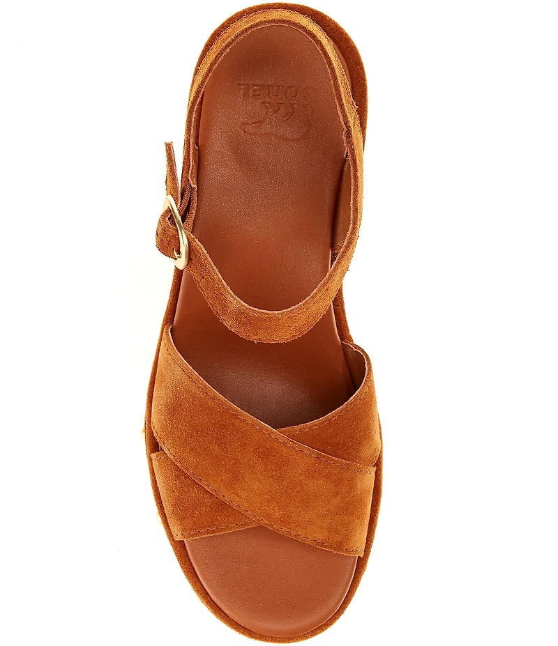 Sorel Sunpeak Suede RVT Ankle Wrap Studded Wedge Platform Sandals