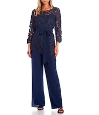 Soulmates Asymmetrical Baroque Floral Lace Top 3/4 Sleeve Boat Neck Bodice Pant Set
