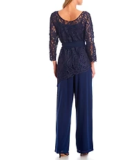 Soulmates Asymmetrical Baroque Floral Lace Top 3/4 Sleeve Boat Neck Bodice Pant Set