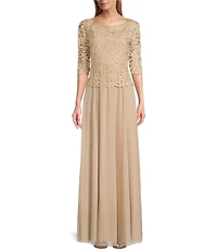 Soulmates Embroidered Floral Lace Bodice 3/4 Sleeve Square Neck Gown