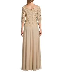 Soulmates Embroidered Floral Lace Bodice 3/4 Sleeve Square Neck Gown