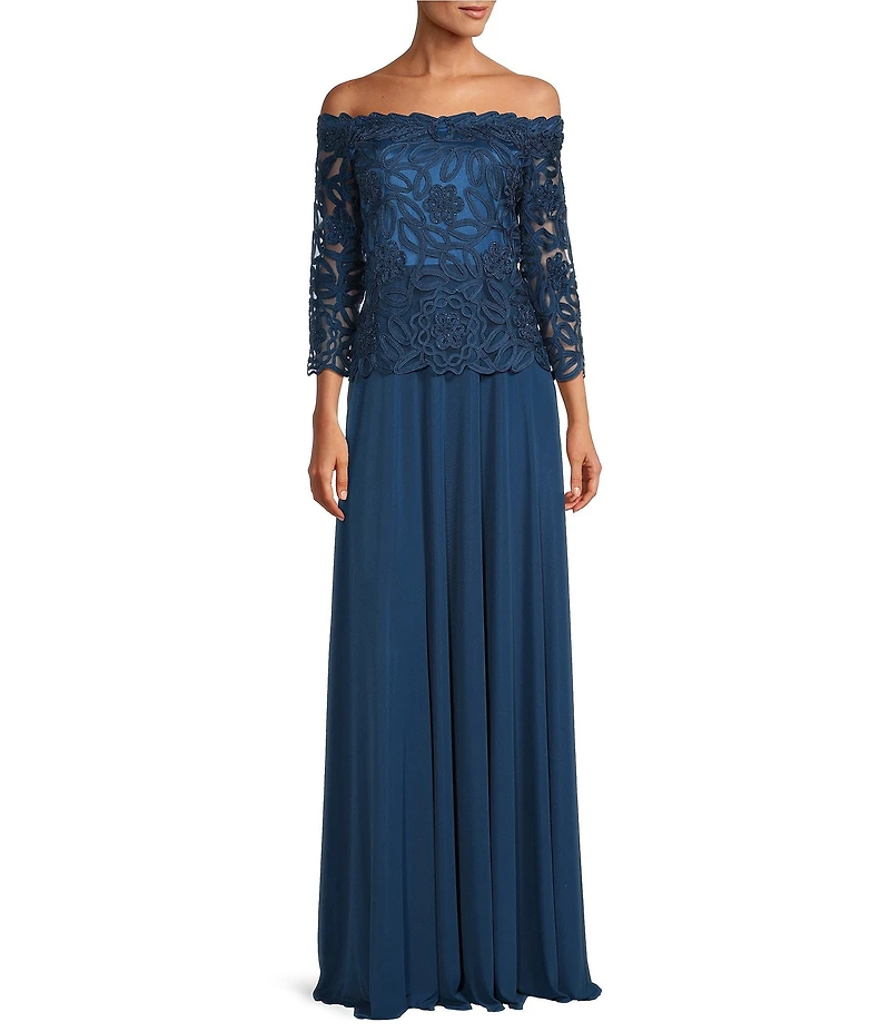 Soulmates Embroidered Floral Lace Bodice 3/4 Sleeve Square Neck Gown