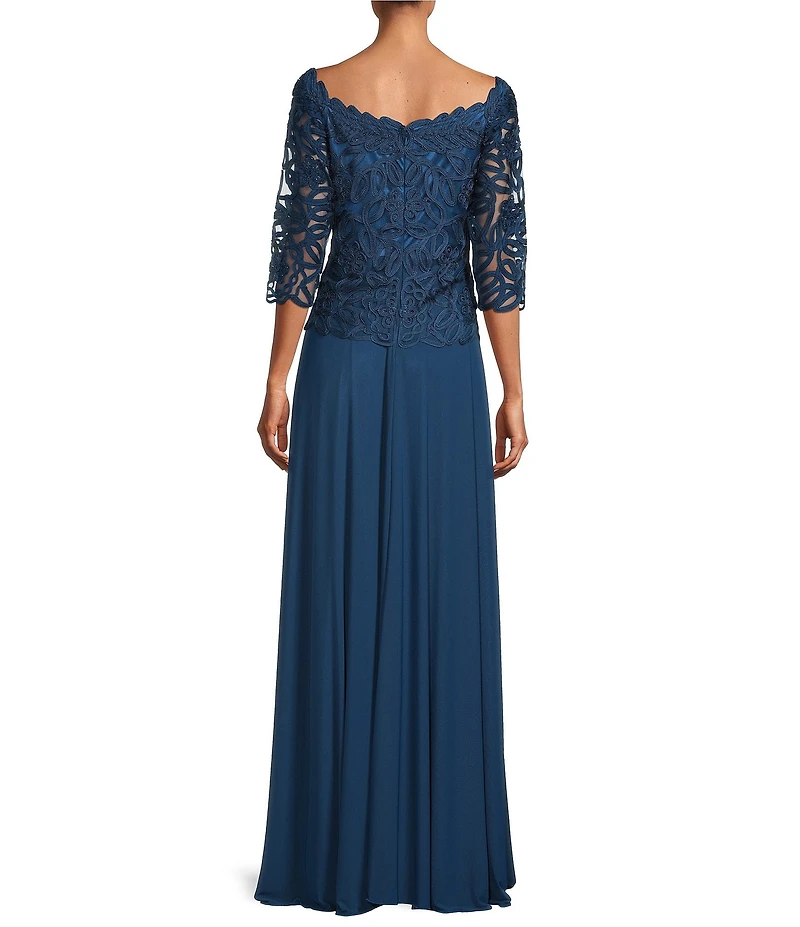 Soulmates Embroidered Floral Lace Bodice 3/4 Sleeve Square Neck Gown
