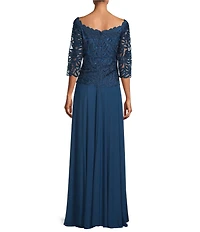 Soulmates Embroidered Floral Lace Bodice 3/4 Sleeve Square Neck Gown