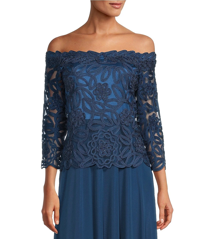 Soulmates Embroidered Floral Lace Bodice 3/4 Sleeve Square Neck Gown