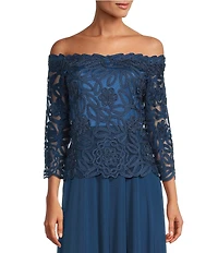Soulmates Embroidered Floral Lace Bodice 3/4 Sleeve Square Neck Gown