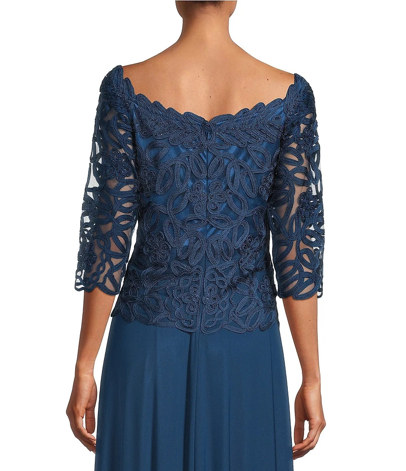 Soulmates Embroidered Floral Lace Bodice 3/4 Sleeve Square Neck Gown