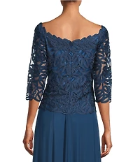 Soulmates Embroidered Floral Lace Bodice 3/4 Sleeve Square Neck Gown