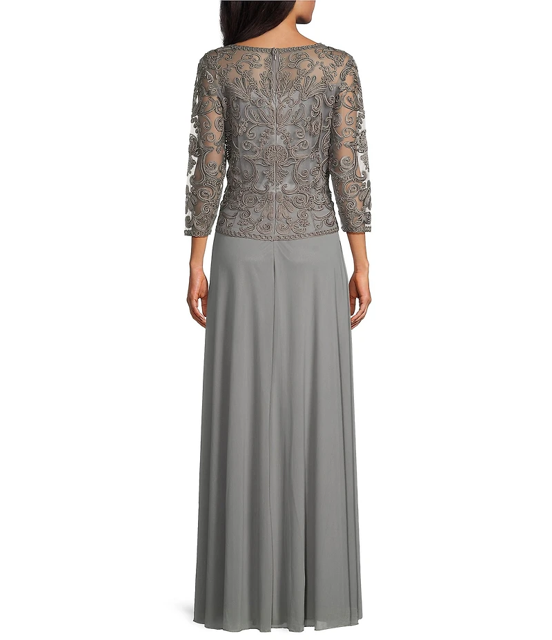 Soulmates V-Neck 3/4 Sleeve Soutache Lace Bodice A-Line Gown