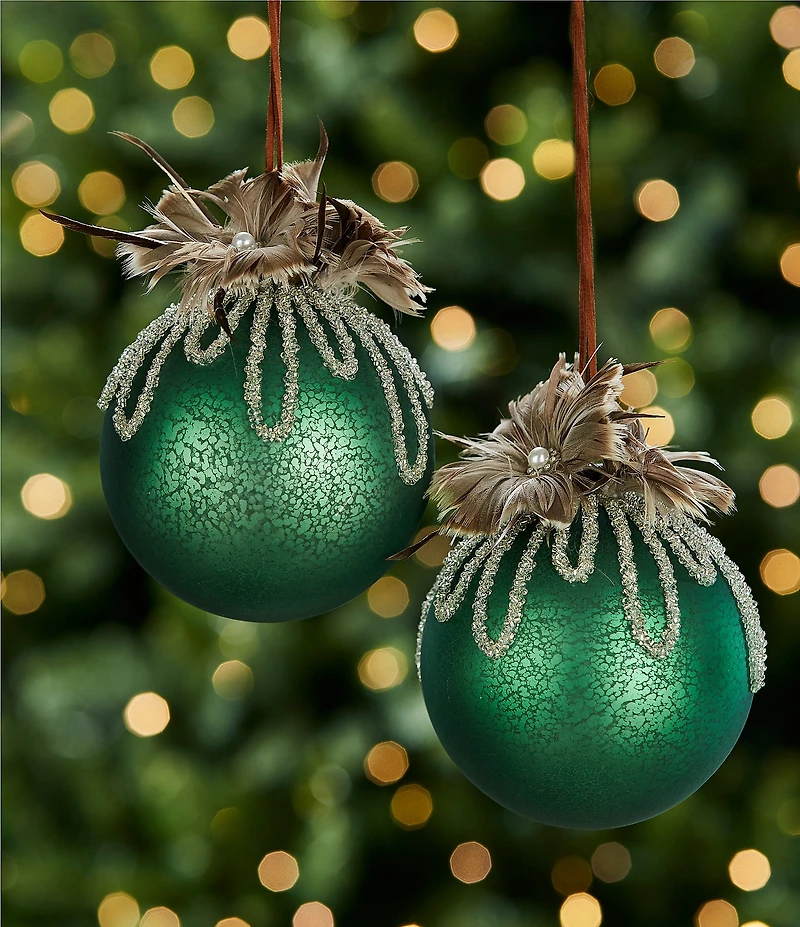 Southern Living Evergreen Collection Feather Flower Mercury Glass Ball Ornament, Set of 2