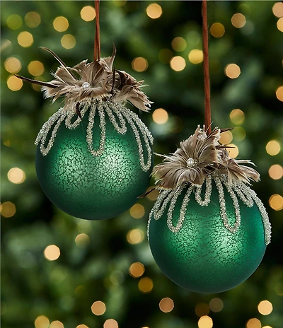 Southern Living Evergreen Collection Feather Flower Mercury Glass Ball Ornament, Set of 2