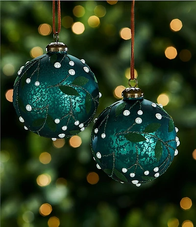Southern Living Evergreen Collection Leaf with Pearls Mercury Glass Ball Ornament, Set of 2