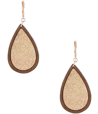 Southern Living Floral Textured Metal Inlayed in Wood Teardrop Drop Earrings