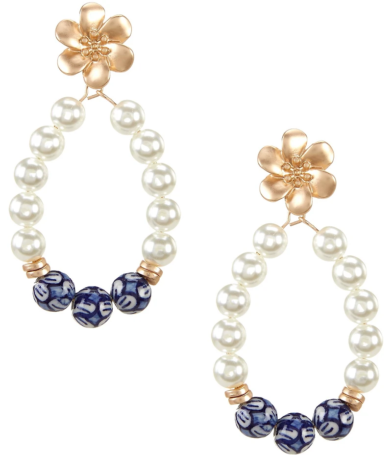 Southern Living Flower Metal Stud Pearl & Floral Beaded Teardrop Drop Earrings