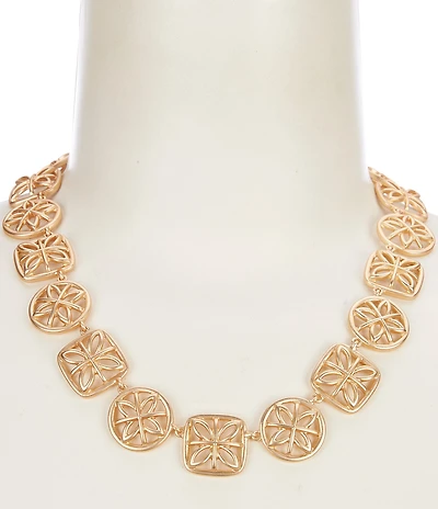 Southern Living Flower Open Metal Round & Square Link Collar Necklace