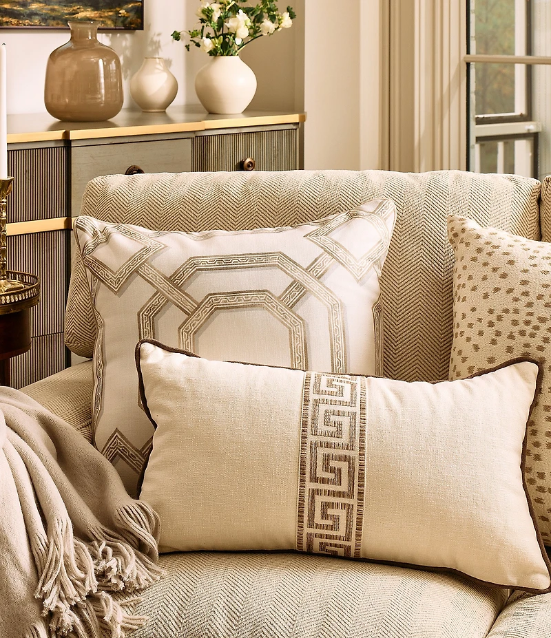 Southern Living Greek Key Tape Embroidered Lumbar Decorative Pillow