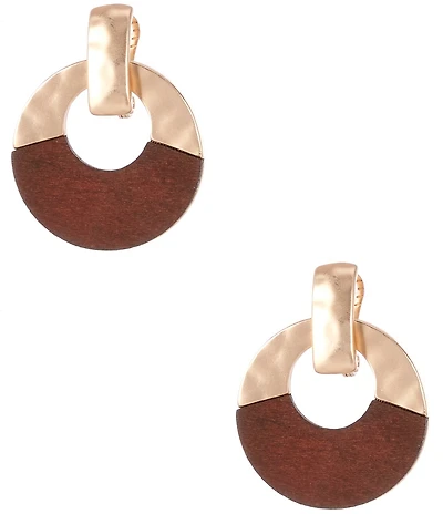 Southern Living Half Hammered Metal & Wood Orbital Drop Clip Earrings