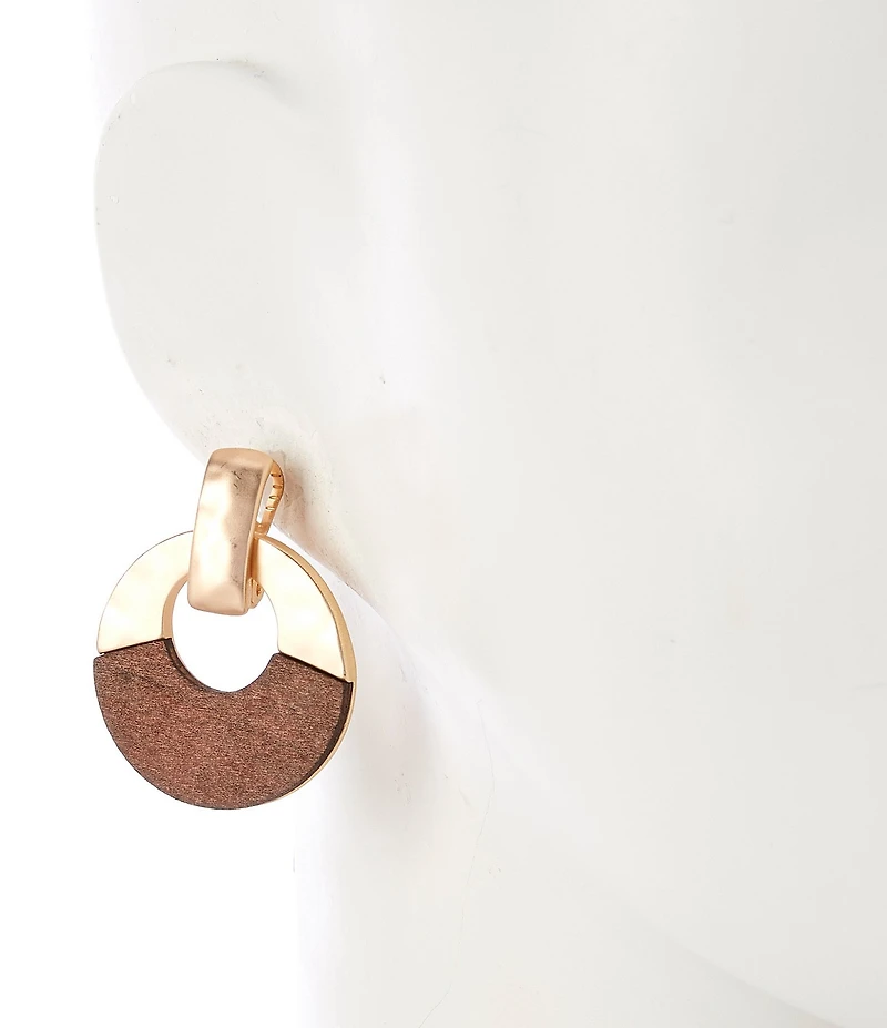 Southern Living Half Hammered Metal & Wood Orbital Drop Clip Earrings