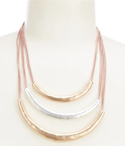 Southern Living Hammered Metal Graduating Bar Cord Short Multi-Strand Statement Necklace