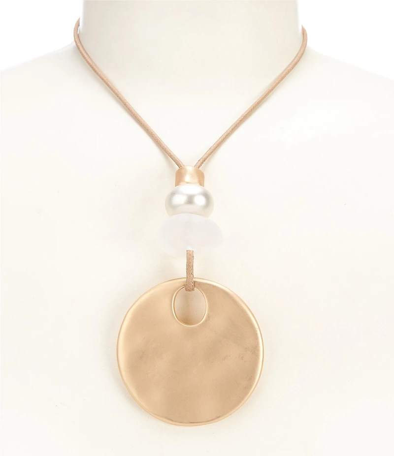 Southern Living Hammered Metal Round Vachetta Cord Pendant Necklace