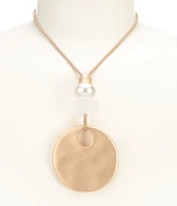Southern Living Hammered Metal Round Vachetta Cord Pendant Necklace