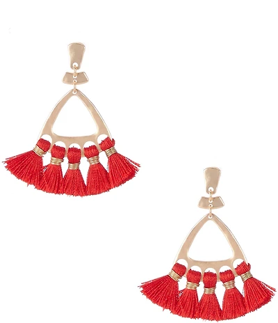 Southern Living Hammered Triangle Metal Multi Red Tassel Chandelier Earrings