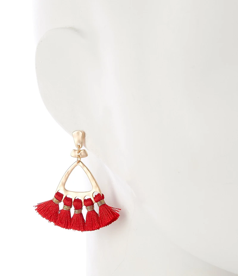 Southern Living Hammered Triangle Metal Multi Red Tassel Chandelier Earrings
