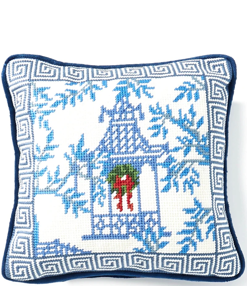 Southern Living Holiday Collection Chinoiserie Pagoda Accent Needlepoint Square Pillow
