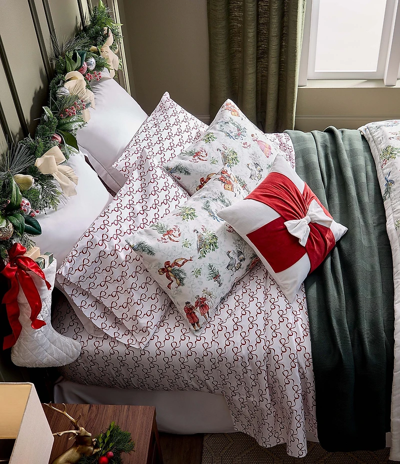Southern Living Holiday Collection Christmas Bow Printed 400-Thread Count Cotton Sheet Set