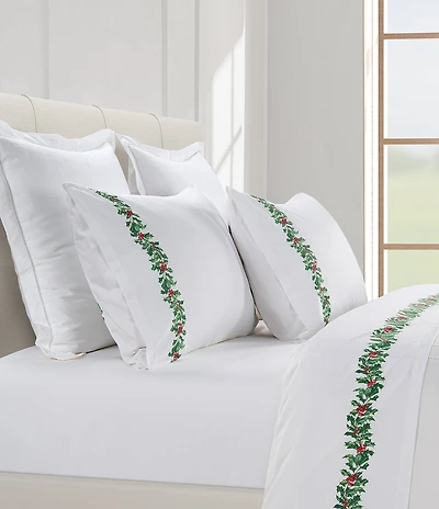 Southern Living Holiday Collection Christmas Holly Border Printed 400-Thread Count Cotton Sheet Set