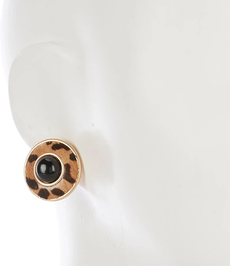 Southern Living Jet Cab Leopard Print Calf Hair Round Metal Clip Drop Earrings